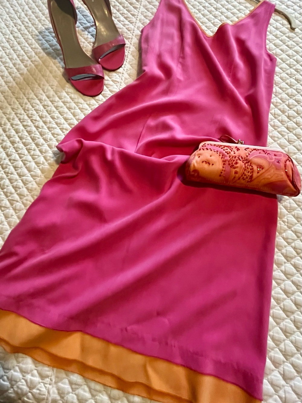 Sleeveless 100% Silk V-Neck Midi Dress in Vibrant Pink with Orange Trim